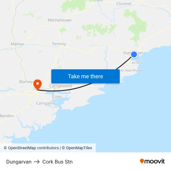 Dungarvan to Cork Bus Stn map