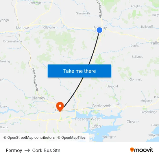 Fermoy to Cork Bus Stn map