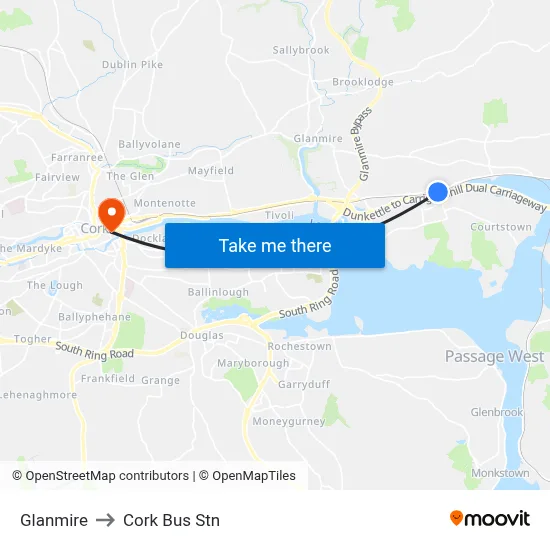 Glanmire to Cork Bus Stn map