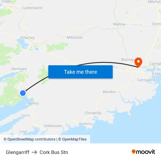 Glengarriff to Cork Bus Stn map