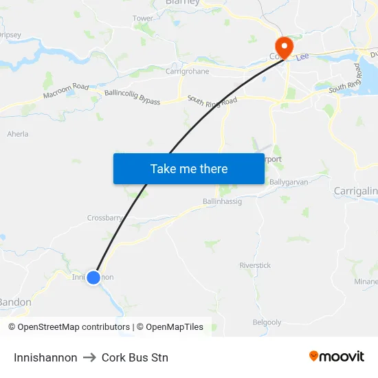 Innishannon to Cork Bus Stn map