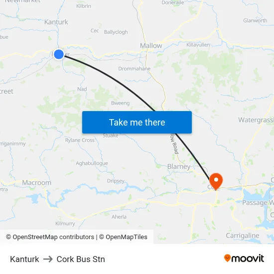 Kanturk to Cork Bus Stn map