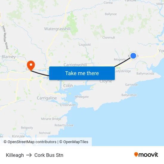 Killeagh to Cork Bus Stn map