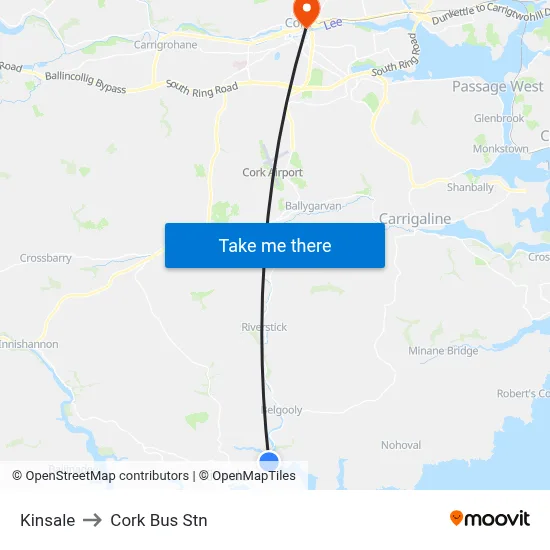 Kinsale to Cork Bus Stn map