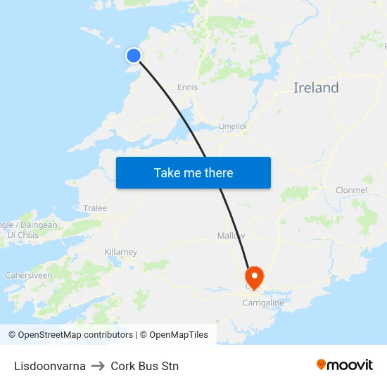 Lisdoonvarna to Cork Bus Stn map