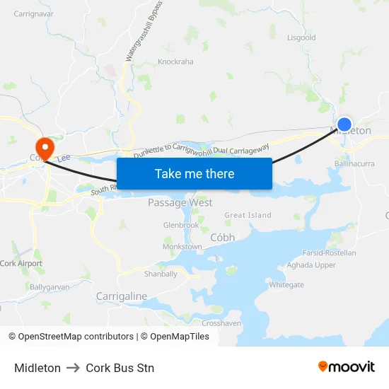 Midleton to Cork Bus Stn map