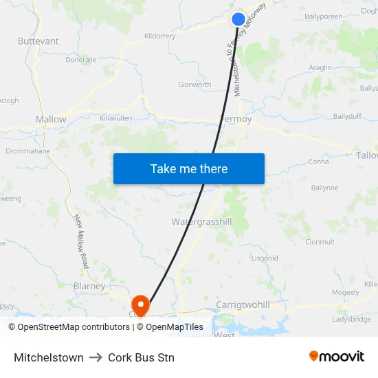 Mitchelstown to Cork Bus Stn map