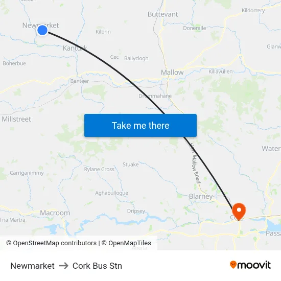 Newmarket to Cork Bus Stn map