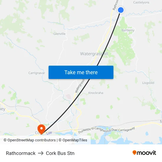 Rathcormack to Cork Bus Stn map