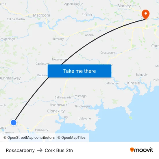 Rosscarberry to Cork Bus Stn map