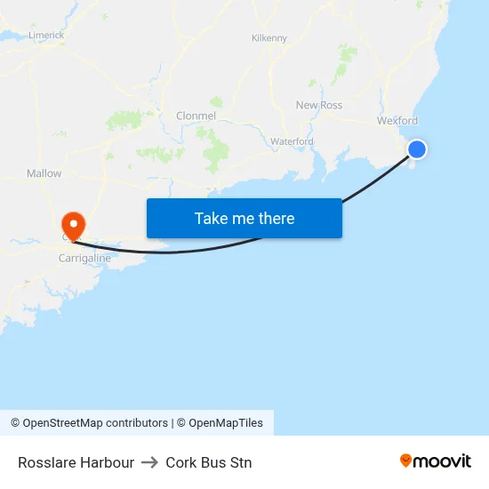 Rosslare Harbour to Cork Bus Stn map