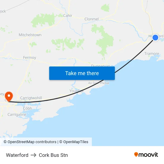 Waterford to Cork Bus Stn map