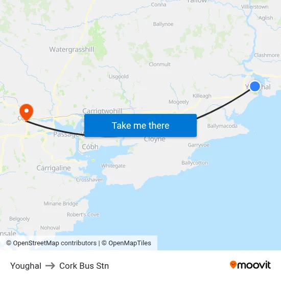 Youghal to Cork Bus Stn map