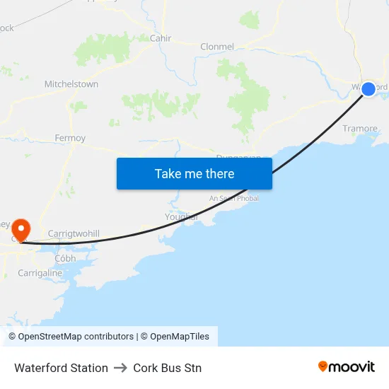 Waterford Station to Cork Bus Stn map