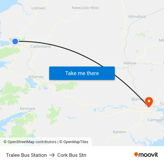 Tralee Bus Station to Cork Bus Stn map