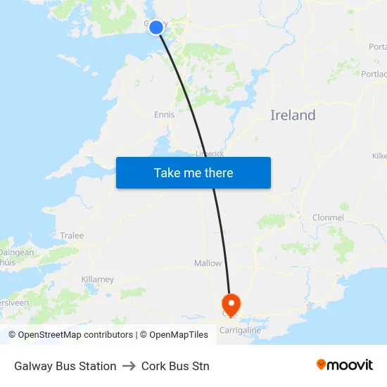 Galway Bus Station to Cork Bus Stn map