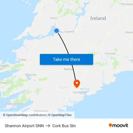 Shannon Airport SNN to Cork Bus Stn map