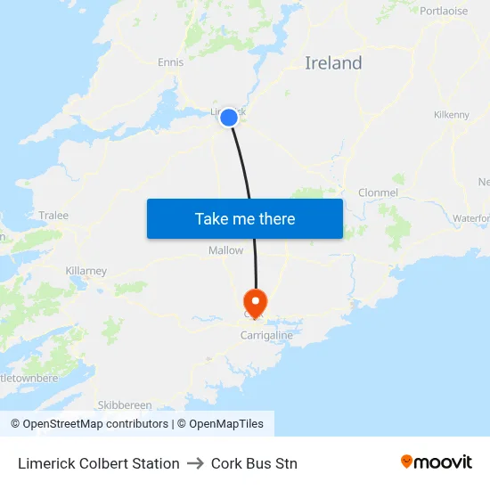 Limerick Colbert Station to Cork Bus Stn map