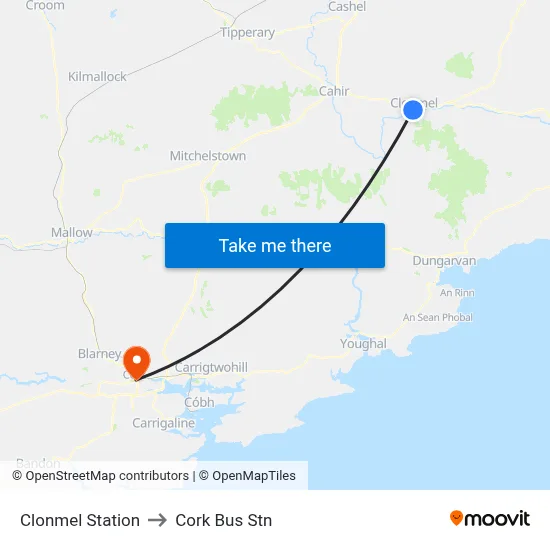 Clonmel Station to Cork Bus Stn map