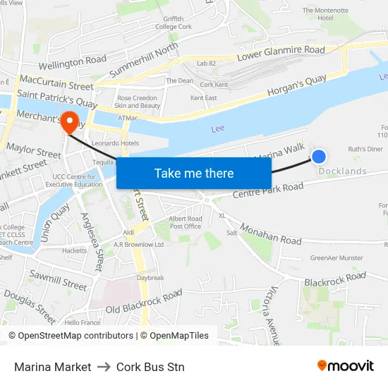 Marina Market to Cork Bus Stn map