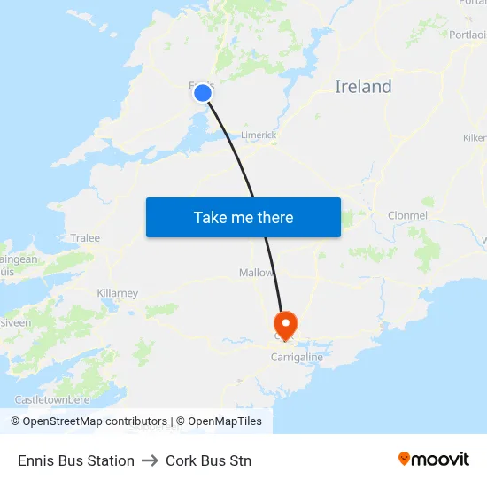 Ennis Bus Station to Cork Bus Stn map