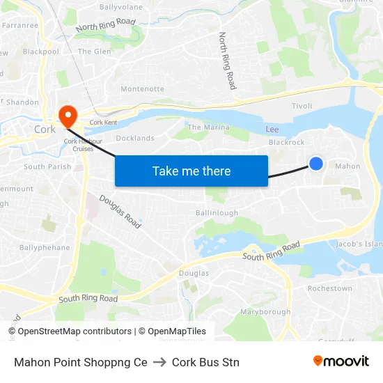 Mahon Point Shoppng Ce to Cork Bus Stn map