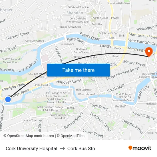 Cork University Hospital to Cork Bus Stn map
