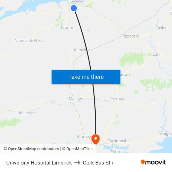 University Hospital Limerick to Cork Bus Stn map