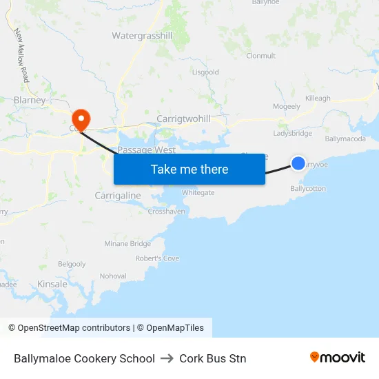 Ballymaloe Cookery School to Cork Bus Stn map