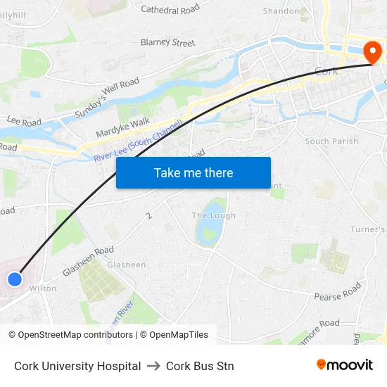 Cork University Hospital to Cork Bus Stn map