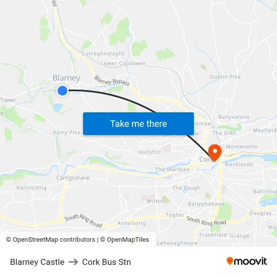 Blarney Castle to Cork Bus Stn map