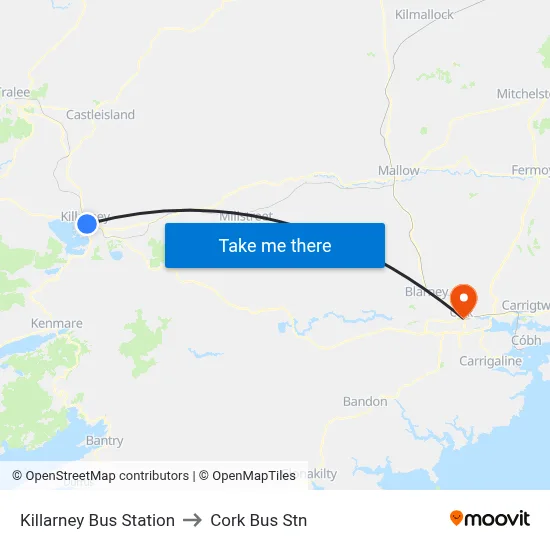 Killarney Bus Station to Cork Bus Stn map