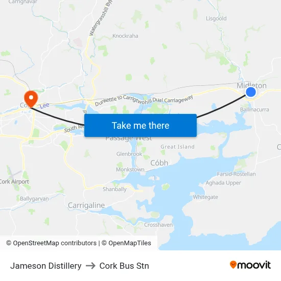 Jameson Distillery to Cork Bus Stn map