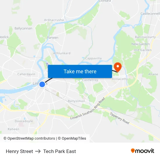 Henry Street to Tech Park East map