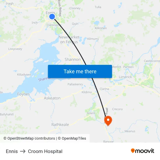 Ennis to Croom Hospital map