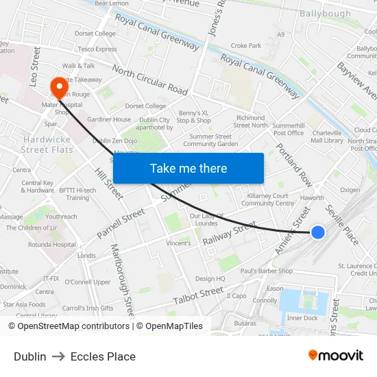 Dublin to Eccles Place map