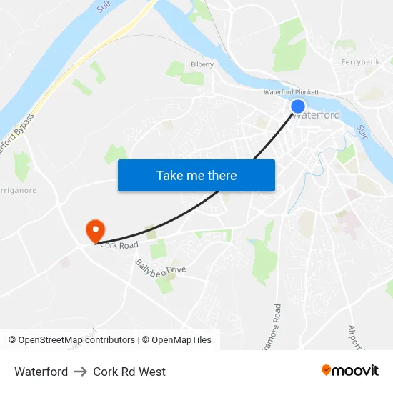 Waterford to Cork Rd West map