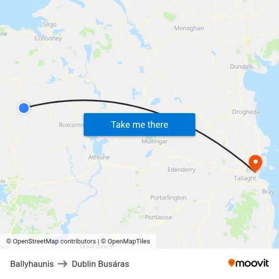 Ballyhaunis to Dublin Busáras map