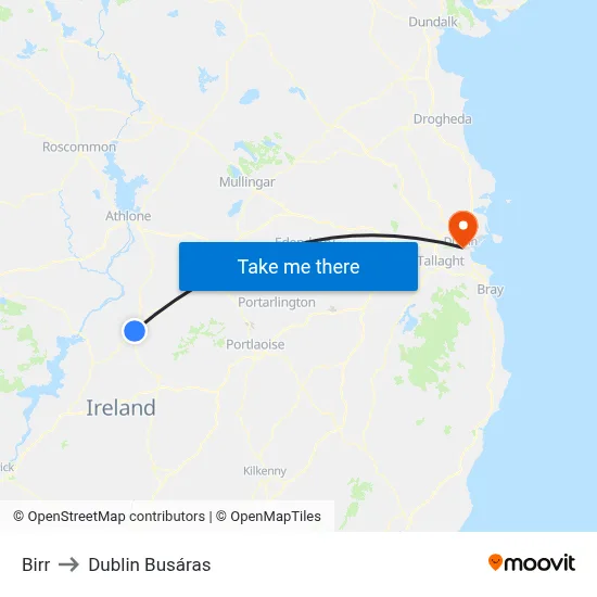 Birr to Dublin Busáras map