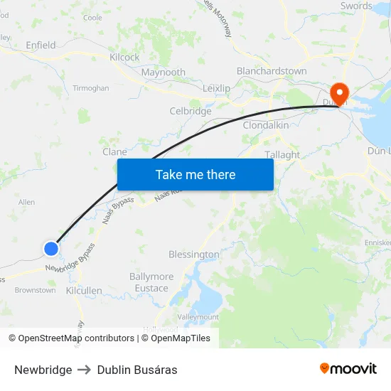 Newbridge to Dublin Busáras map