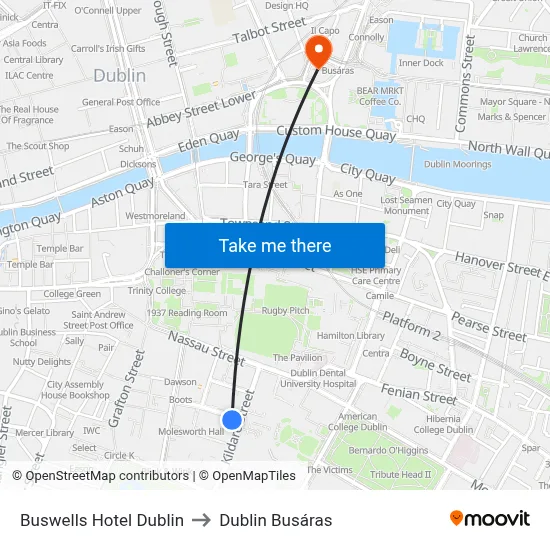Buswells Hotel Dublin to Dublin Busáras map