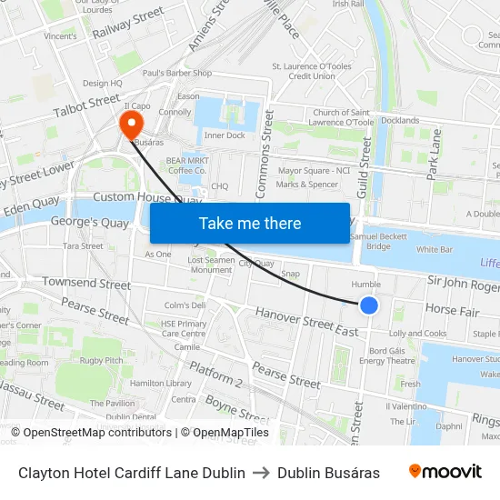 Clayton Hotel Cardiff Lane Dublin to Dublin Busáras map