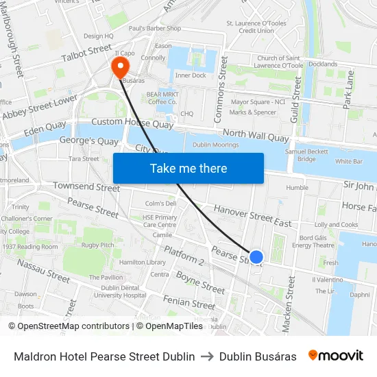 Maldron Hotel Pearse Street Dublin to Dublin Busáras map