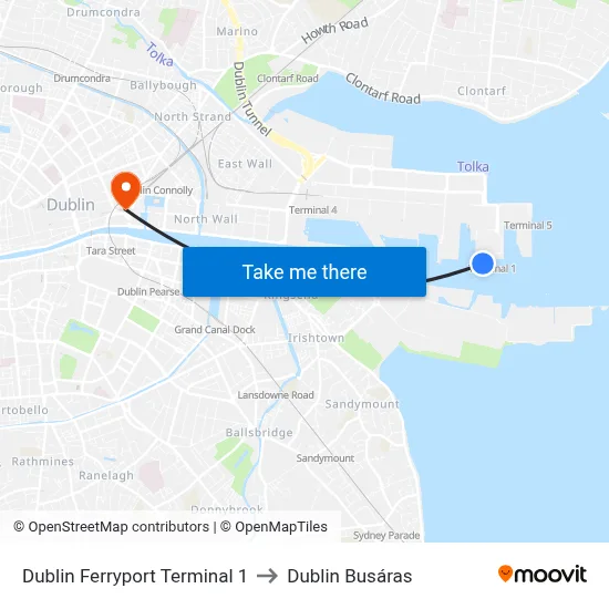Dublin Ferryport Terminal 1 to Dublin Busáras map
