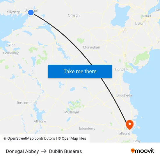 Donegal Abbey to Dublin Busáras map