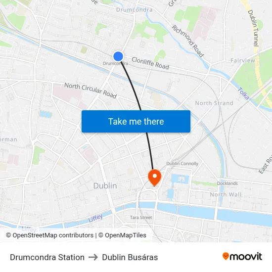 Drumcondra Station to Dublin Busáras map