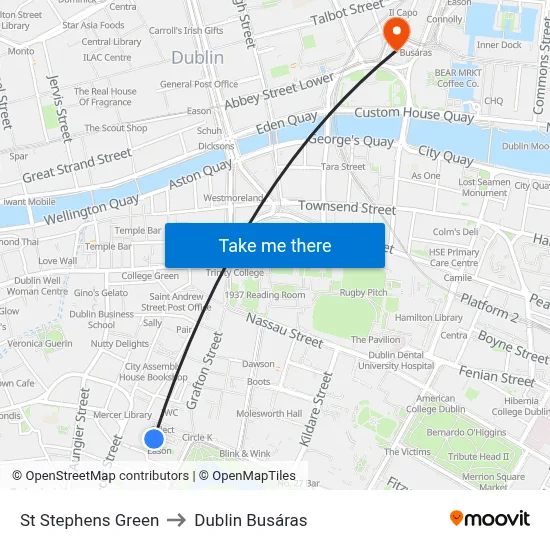 St Stephens Green to Dublin Busáras map