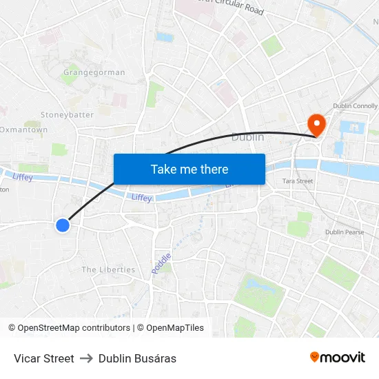 Vicar Street to Dublin Busáras map
