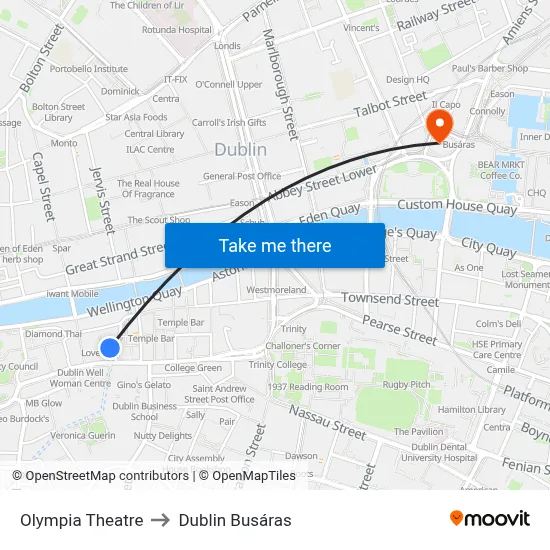 Olympia Theatre to Dublin Busáras map