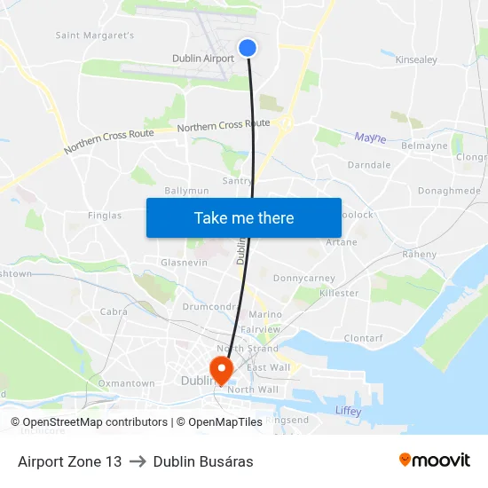Airport Zone 13 to Dublin Busáras map